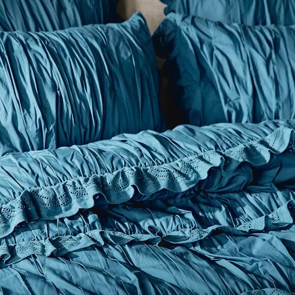 ANTHROPOLOGIE ASTRIDE COTTON RUFFLED VOILE QUILT QUEEN TEAL BLUE NWT ORIG. $298 - Picture 7 of 8